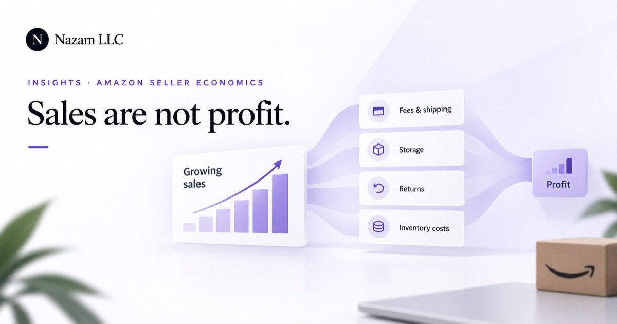Editorial illustration showing that growing Amazon sales can be reduced by fees, storage, returns, and inventory costs before profit is determined.