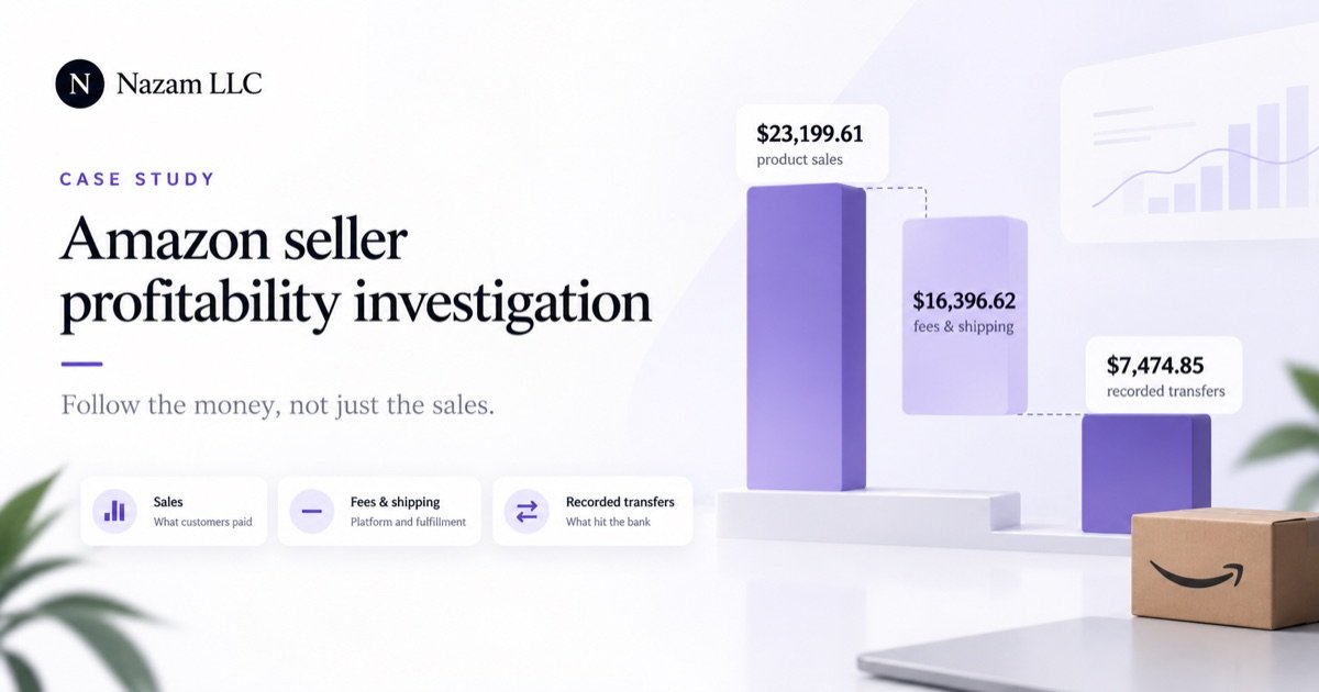 Featured illustration for an Amazon seller profitability investigation showing product sales, fees and shipping, and recorded transfers.