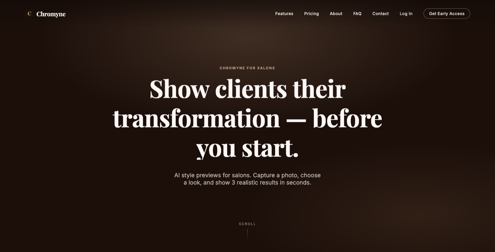 The Chromyne for Salons homepage, headlined “Show clients their transformation — before you start.”