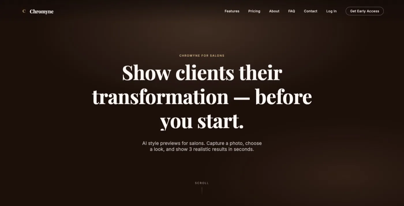 Chromyne for Salons homepage showing a client transformation preview message
