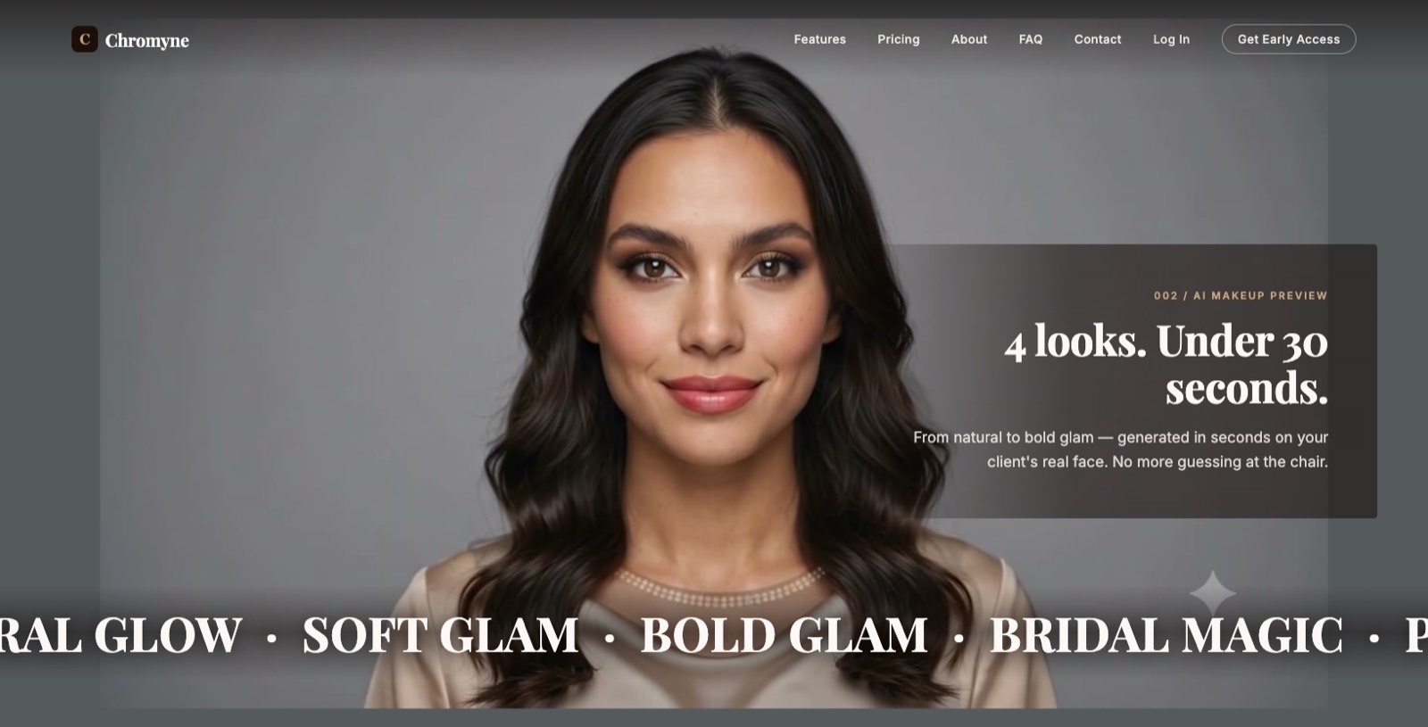 The AI makeup preview feature on the Chromyne for Salons site, showing four generated looks produced in under thirty seconds