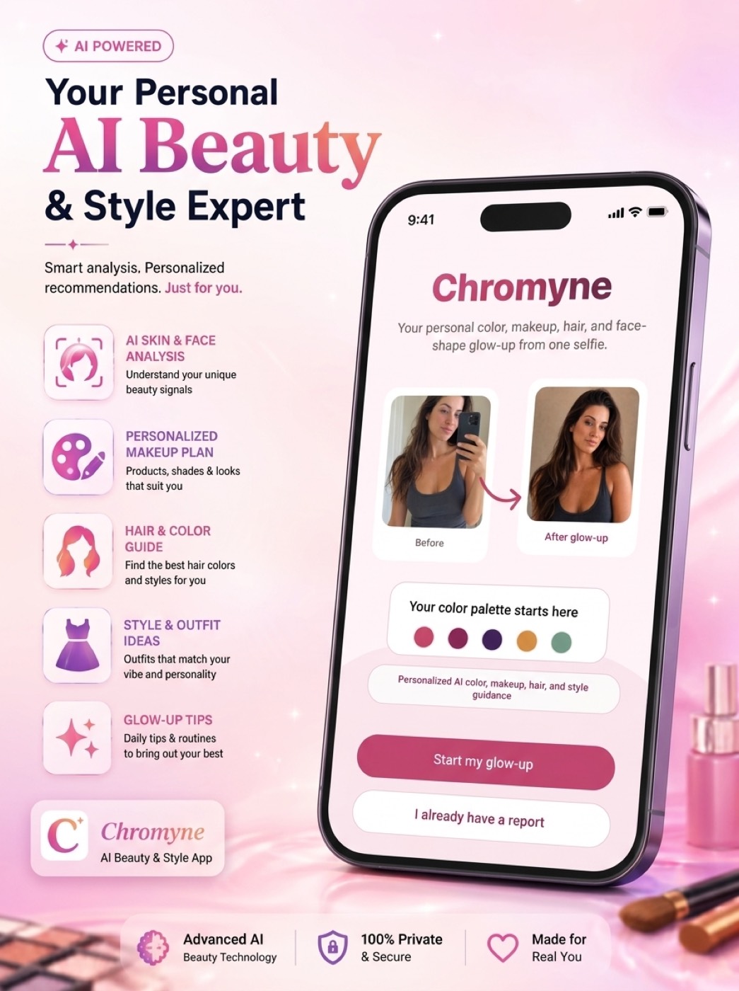 Chromyne welcome screen on an iPhone, listing the app's colour analysis features