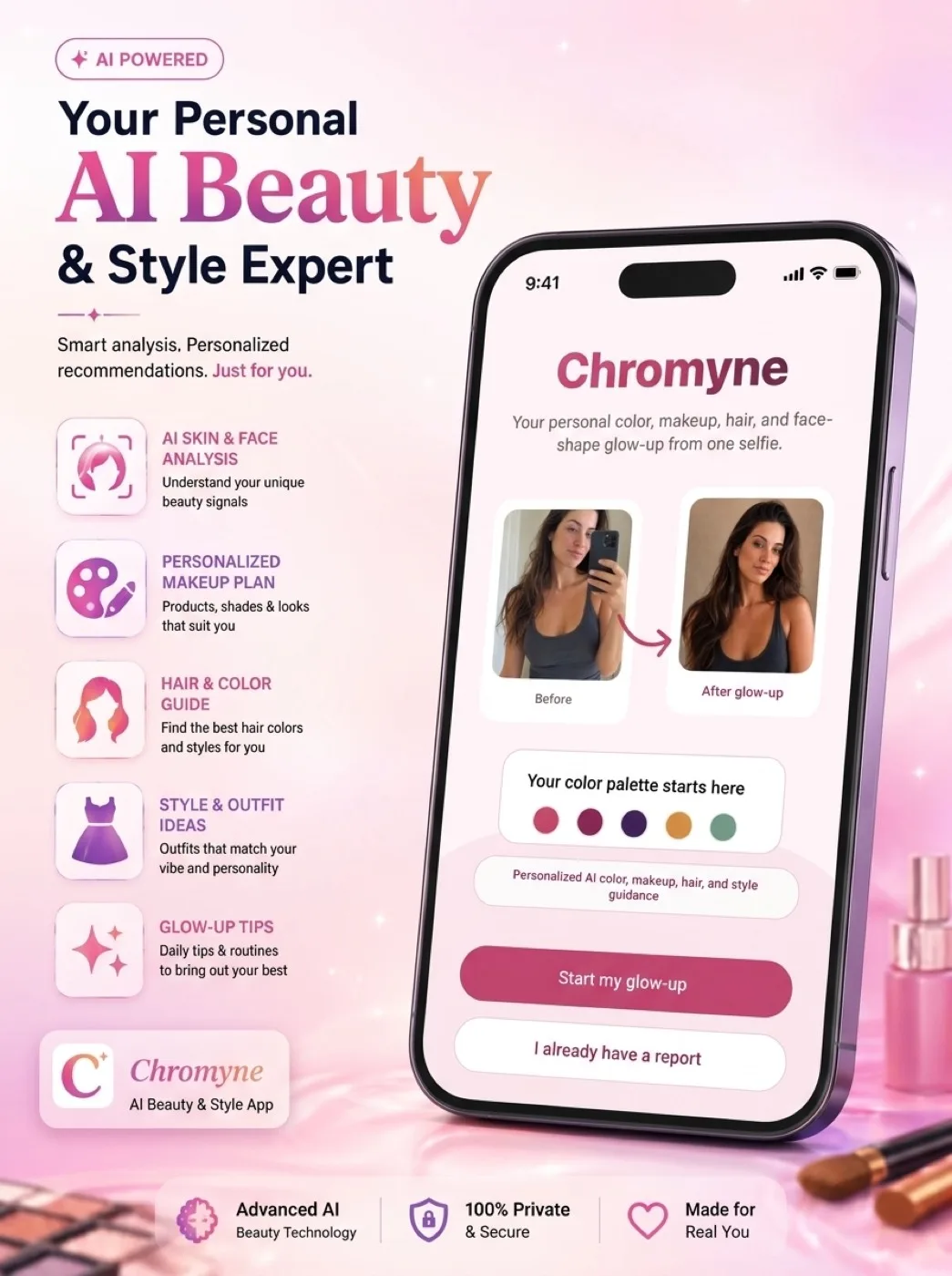 Chromyne product welcome screen showing the app's AI beauty analysis features