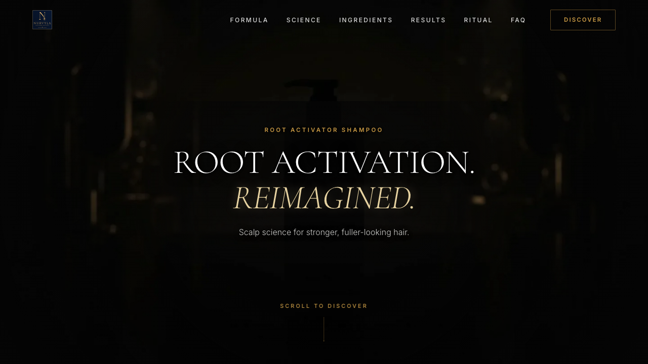 Nurvyla homepage with Root Activation Reimagined headline and product presentation