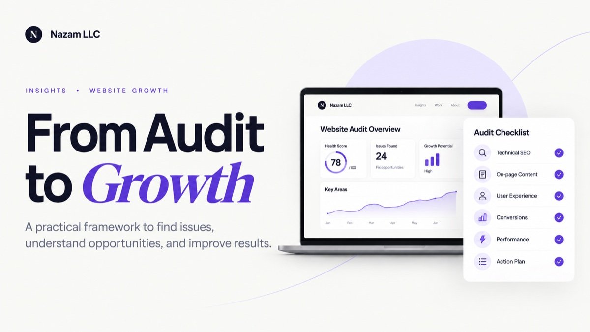 Website audit illustration covering technical SEO, content, user experience, conversions, performance and an action plan.